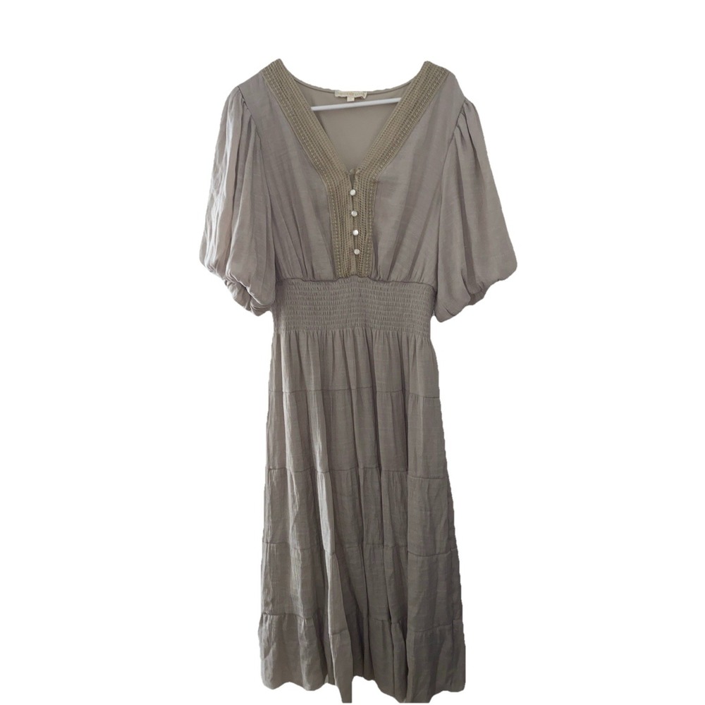 Kings Road Maxi Dress Smocked Waist Crochet Trim Cottagecore Womens XL Boho Tan